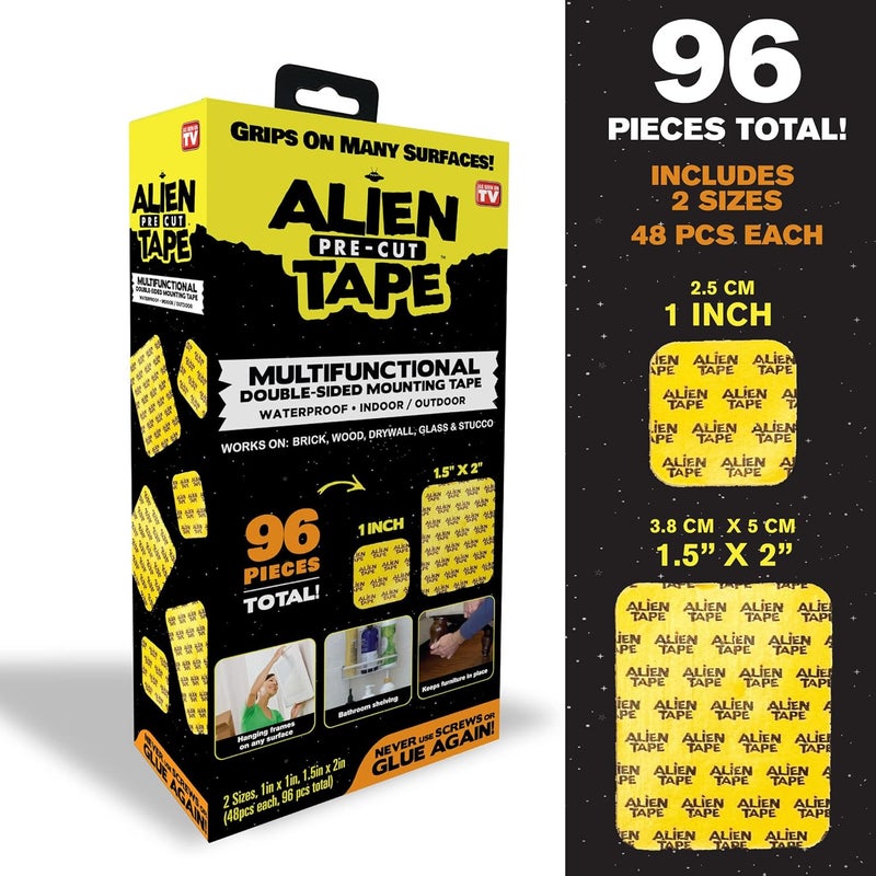 ALIEN TAPE Pre Cut 96 Piece Set Double Sided Tape Multipurpose Removable Adhesive Transparent Grip Mounting Strips Washable Strong Sticky Heavy Duty for Carpet and Crafts - Image 3